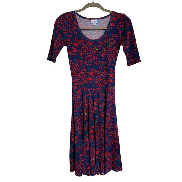 LuLaRoe Womens Dress Size XXS Nicole Fit & Flare Navy Red‎ Blue Lime Triangles - Picture 4 of 7